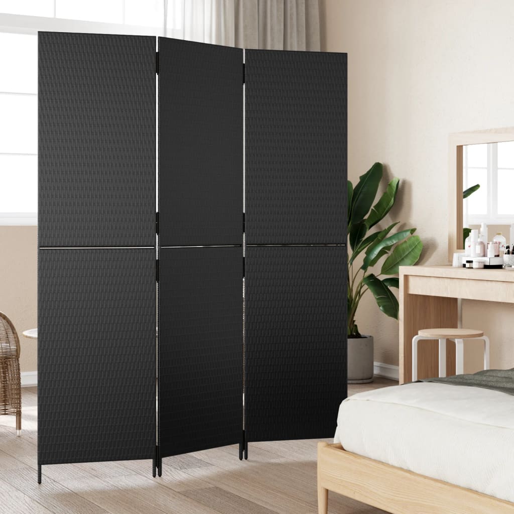 vidaXL Room Divider 3 Panels Black Poly Rattan