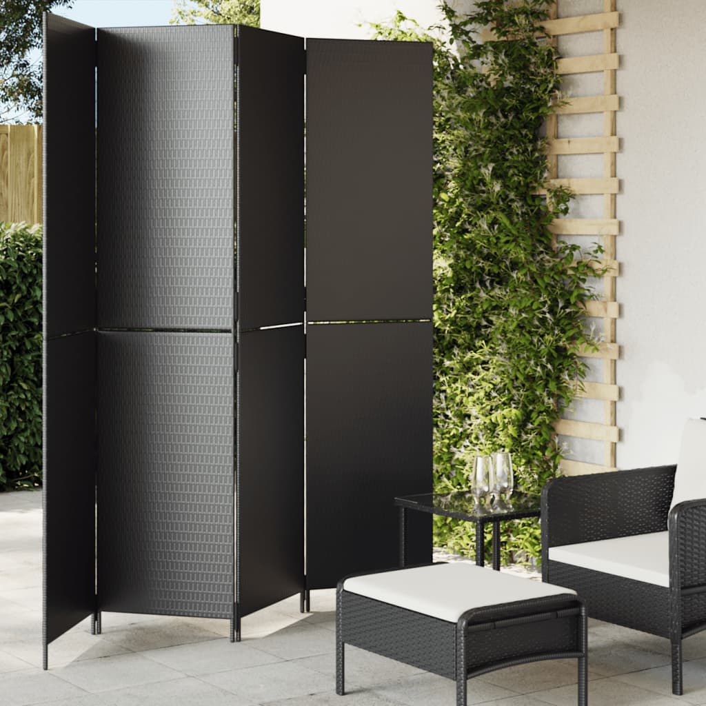 vidaXL Room Divider 4 Panels Black Poly Rattan